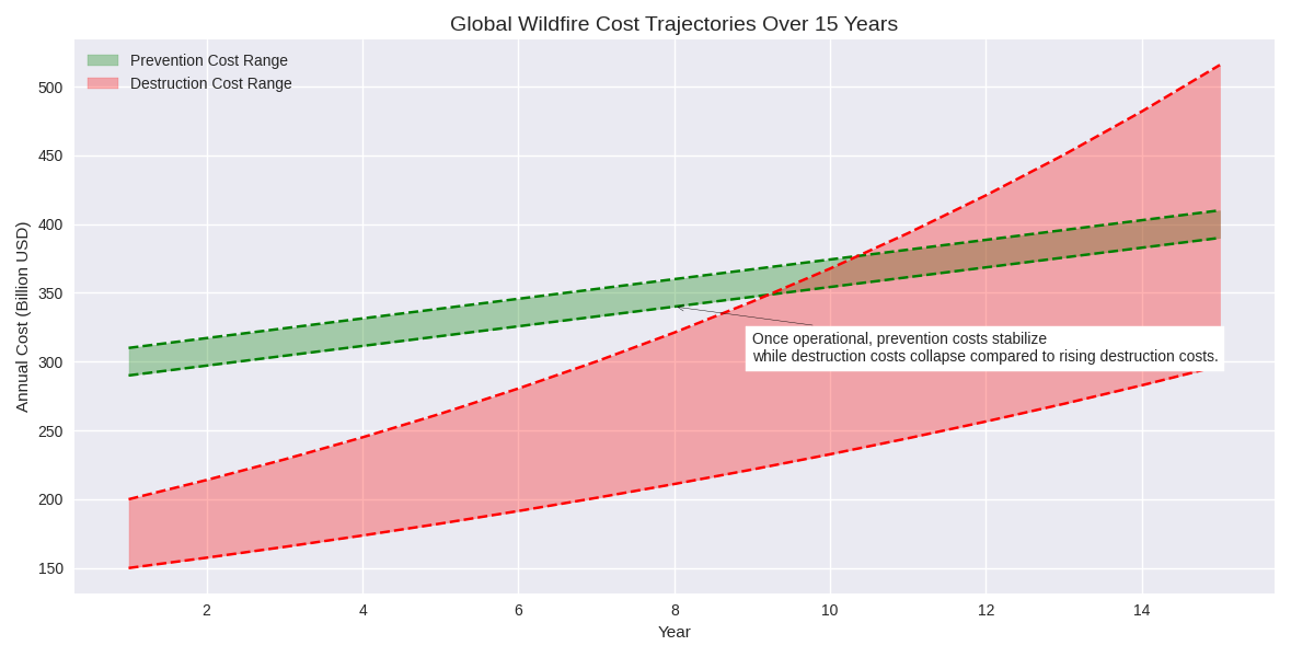 Line chart of prevention vs destruction costs over 15 years